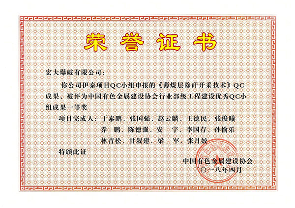 有色金屬建設協會優秀QC小組一等獎