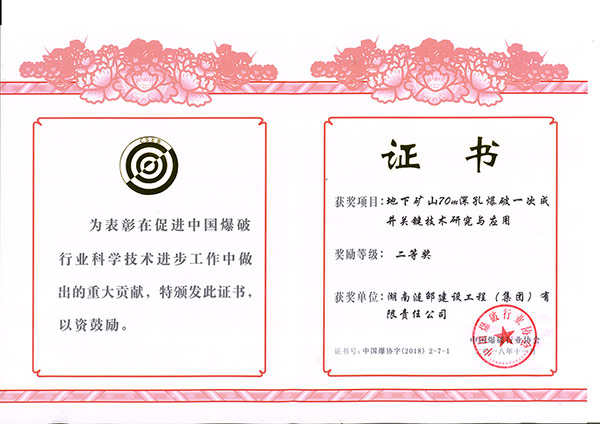 中國爆破行業(yè)協(xié)會二等獎(jiǎng)
